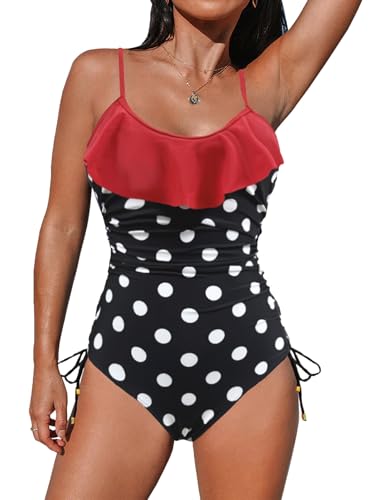 Trajes de Baño Mujer Volantes Ropa de Baño Mujer Fruncido Traje de Baño de Una Pieza Control de Barriga Monokini Verano Playa Bañador Entero(Lunares,XXL)