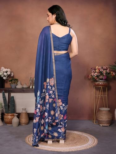 Image of SAMANTHA Black Floral Print Ready to Wear Linen Saree with Pocket & Adjustable Belt