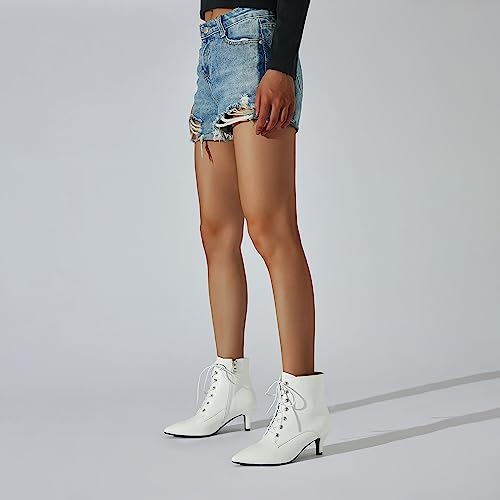 SEIFIN Women's Kitten Heels Lace Up Ankle Boots Low Mid Heeled Side Zipper Short Booties Pointed-Toe Shoes4