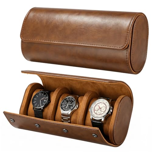 VILLCASE Boîte de Rangement pour 3 Montres, Étui de Voyage Portable en Cuir PU, Rouleau de Transport avec Coussins Souples, Coffret Cadeau Homme - Marron