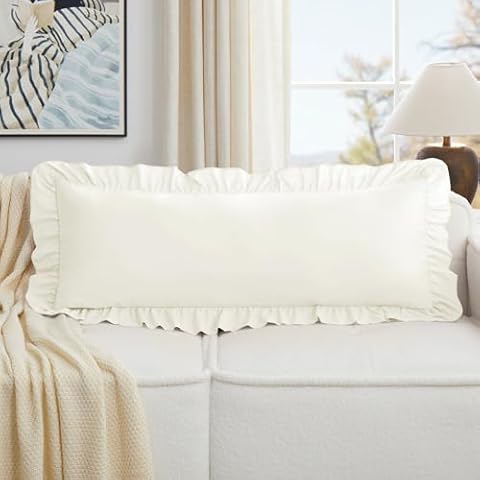 KKJIAF Beige Lumbar Pillow Covers 14x36 Inch Set of 1, Microfiber Ruffled Pillow Shams, Ruffle Euro Sham Pillow Covers Lumbar Pillow Case for Couch Bed Livingroom Cover
