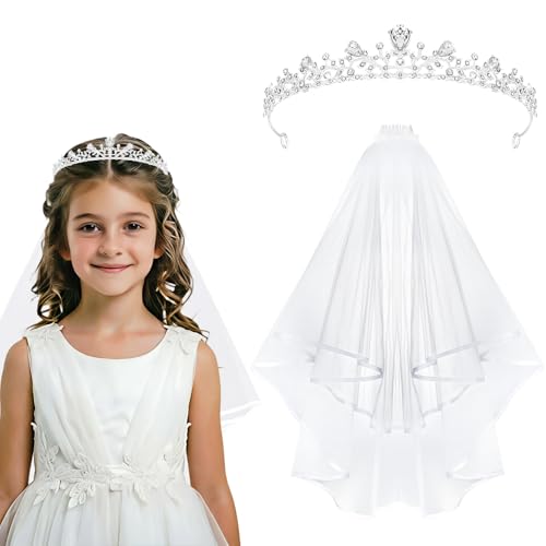 Esitrormi Tiara and Veil Set for Bride, Crystal Rhinestone Bridal Headpiece with White Tulle Veil, Wedding Headband for Wedding, Bridal Shower, Bachelorette Party, Engagement