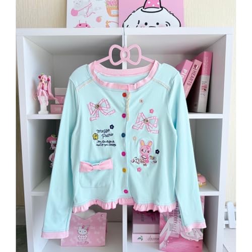 CEINOM Sweet Cartoon Bunny Embroidery Coats Women Kawaii Ruffles Patchwork Rainbow Button Loose Y2k Cute Sweatshirts (SKY BLUE,Large)