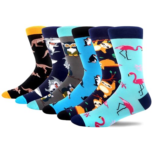 MAKABO Chaussettes colorées et ludiques pour hommes, 6 paires Nouveaux motifs animaliers, tailles 39-42