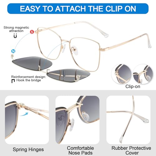 Image of Women's Large Blue Light Blocking Glasses plus Magnetic Sunglasses Clip, Easy to Switch to Shades for Driving