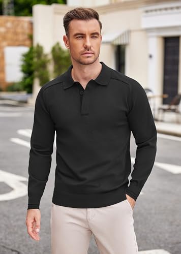 COOFANDY Jersey para Hombre Cuello Polo Jersey Manga Larga Suéter de Punto Negocios Suéter Informal Sweater Básico Color Sólido Regular Fit Negro S - imagen 2