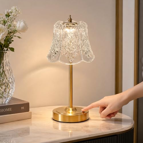 Image of Starhot Rechargeable Table Lamp, Cordless LED Light with 5200mAh Battery, 3 Colour Temperatures, Stepless Dimming Touch Control, USB-C, Gold Crystal Shade for Restaurant Dining Bedside