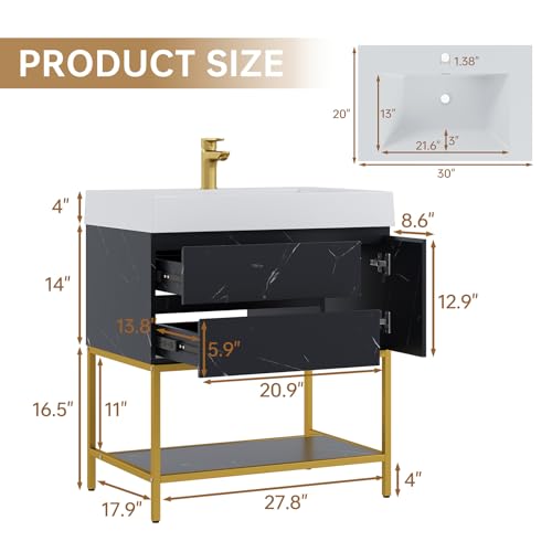 DELUXE LIVING 30 Inch Bathroom Vanity with Sink, 30 Vanity with Sink, Bathroom Vanity 30, Bathroom Cabinet with Sinks, Drawers & Soft-Closing Door, Adjustable Feets, Black Marble