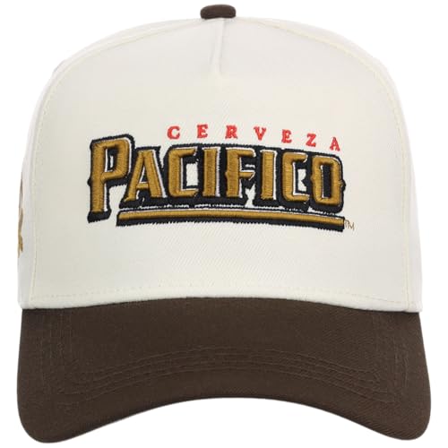 Pacifico Beer 2-Tone A-Frame Adjustable Snapback Cap (Cream/Brown, One Size) | 100% Cotton Outdoor Sports Baseball Cap for Men and Women | Beer Inspired Apparel