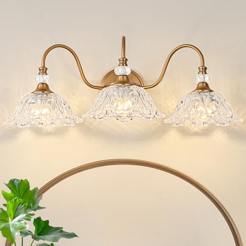 Image of Vintage Bathroom Vanity Light, 3-Light Matte Deep Brass Finish Vanity Light with Flower-Shaped Clear Glass Shades, Retro Wall Sconce for Bathroom