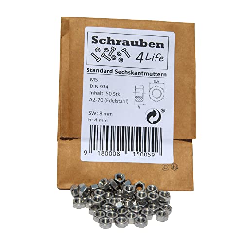 Tuerca hexagonal M5 de acero inoxidable, 50 unidades, sin plástico, Schrauben4Life – A2-70, DIN934 acero inoxidable, tuercas para industria, jardín y casa (50, M5)