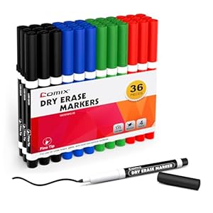 Comix Fine Tip Dry Erase Markers, Low Odor Whiteboard Markers, 36 Bulk 4 Assorted Colors Markers for Kids Teachers Office & School Supplies
