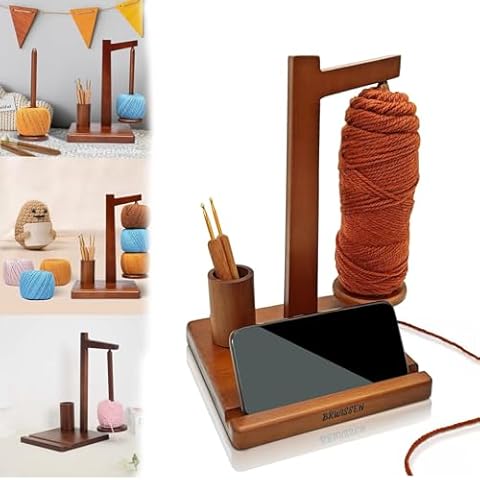 1nfzkcn Wooden Yarn Holder, Portable Travel Wrist Yarn Ball Holder for Crocheting and Knitting Rotating, Magnetic Rotatable Large Spinning Wool Yarn Holder Spinner with Phone Holder(Dark Wood) Cover