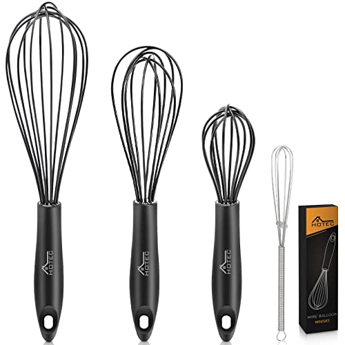 Hotec 4 Pieces Silcone Whisks Set, Wire Balloon Whisks Egg Beater, Non-Slip Handle Whisk For Non-Stick Cookware Perfect For Cooking, Stirring, Beating And Blending (Black) #TOP16