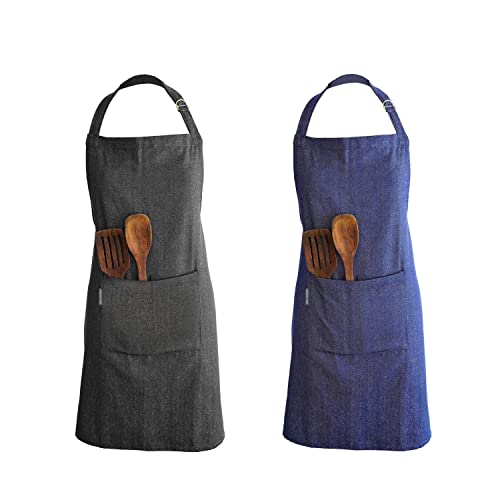 Mellow Buff 2 Pack Chef Apron, 100% Cotton Kitchen Apron With An Adjustable Neck With Long Ties, For Cooking, Baking | Denim Blue & Charcoal #TOP5