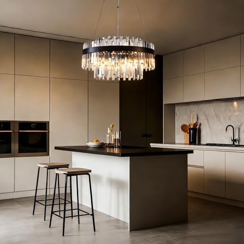 PAFEE Modern Luxury Black Crystal Chandelier, 9-Light 2-Tier Round Raindrop Adjustable Flush Mount Pendant Light for Dining Room,Living Room,Kitchen,Entryway, Foyer - 23.6" D, E12 Base by PAFEE - Image 7