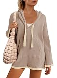 Yanekop Womens V Neck Romper Waffle Knit Jumpsuit Short Overalls Romper One Piece Jumper with Hoodie(Light Khaki,S)