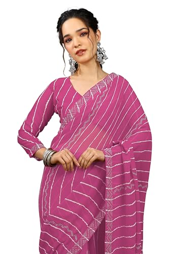 Image of MIRCHI FASHION Saree for Woman Georgette Solid with Satin Stripes | Stone Border Farewell and Ceremonial Sari with Blouse Piece