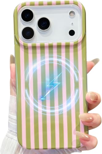 Jmltech Magnetic for iPhone 18 Pro Max Case Striped Phone Cases Trendy Aesthetic Women Girly Shockproof Slim Drop Protection Cover Pink Green