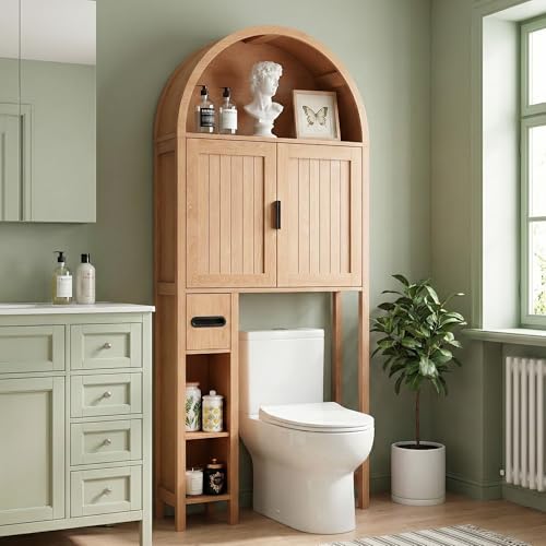 OONNEE Arched Over The Toilet Storage Cabinet - 71" Tall Bathroom Above Toilet Organizer with Vertical Grooved Doors & Tissue Drawer - Freestanding Space Saver Rack, Anti-Toppling Kit Oak