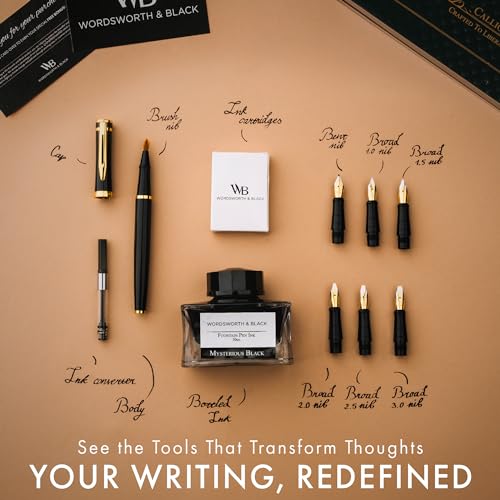 Image of Wordsworth & Black Luxury Calligraphy Pen Set for Writing, 6 Nibs, Black | Fountain Ink Bottle, Cartridges & Refill Converter, Refillable, Black, High End Gift for Men & Women, Journaling & Lettering