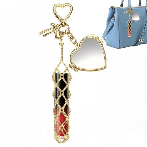 Image of Metal Lipstick Holder with Mirror Golden Heart Clasp Portable Lipstick Organizer Case Makeup Lip Balm Holder Bag Charm Accessories Compact Travel Cosmetic Storage for Women (Lipstick Not Included)