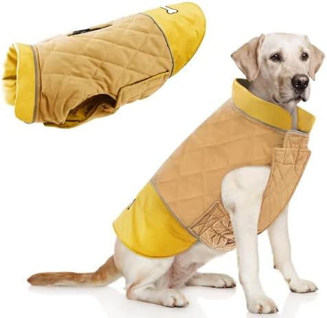 Idepet Waterproof Dog Coat Winter Warm Jacket Vest,Windproof Snowsuit Dog Clothes Outfit Vest Pets Apparel for Small Medium Large Dogs with Harness Hole Yellow S