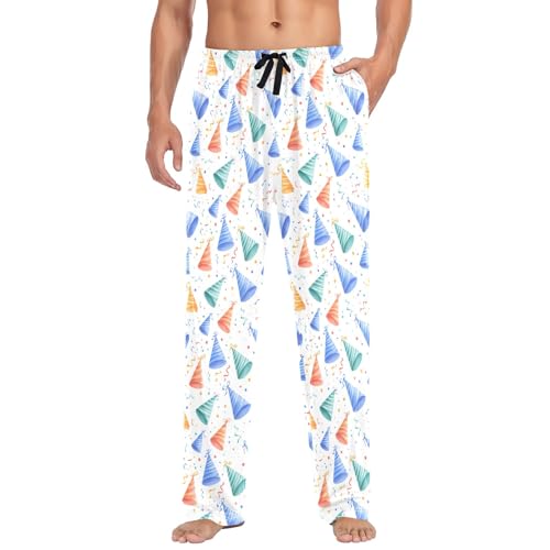 Mens Cotton Pajama Pants Sleep Lounge Pj Bottoms Sleepwear with Pockets Drawstring S Party Hat Ribbons