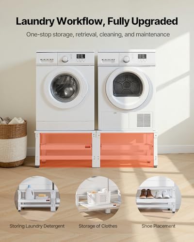 VEVOR Waschmaschinen Untergestell 355 mm Hoch, Waschmaschinenerhöhung mit Ausziehbarer Ablage, Tragkraft von 318 kg, Rutschfesten Füße, Trocknersockel, Podest, Universell Passend, Weiß, 2er-Pack