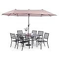 Sophia & William Patio Dining Set with 13ft Double-Sided Patio Umbrella, 8 Piece Metal Outdoor Table Furniture Set with 6 Stackable Chairs, 1 Rectangle Dining Table and 1 Large Beige Umbrella