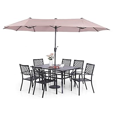 Sophia & William Patio Dining Set with 13ft Double-Sided Patio Umbrella, 8 Piece Metal Outdoor Table Furniture Set with 6 Stackable Chairs, 1 Rectangle Dining Table and 1 Large Beige Umbrella