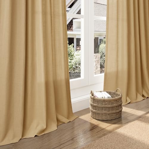 Image of Extra Long Gold Yellow Linen Curtains 120 Inch for Living Room 2 Panels Set Rod Pocket Back Tab Linen Window Drapes Semi Sheer Light Filtering Privacy High Ceiling Drapes for Farmhouse 52x120