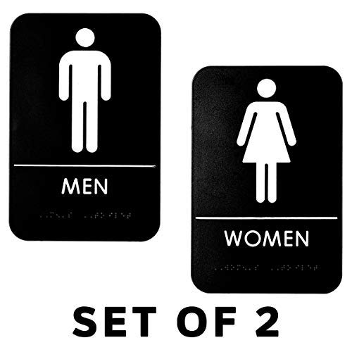 Alpine Industries Men's & Women's Restroom Signs, Set of 2 - Durable Vertical Self Adhesive Back & White Bathroom Door Sign/Placard w/ Braille Lettering For Business Office & Restaurant