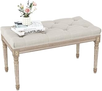 Yusong Upholstered Bench, Bedroom Bench for End of Bed, Piano Bench with Button Tufted Padded Seat for Living Room, Dining, Entryway, Shoe, Vanity Foot-Stool with Carved Wood Legs, Beige