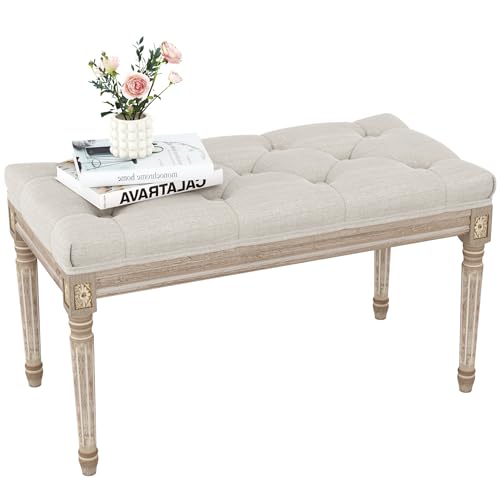 Yusong Upholstered Bench, Bedroom Bench for End of Bed, Piano Bench with Button Tufted Padded Seat for Living Room, Dining, Entryway, Shoe, Vanity Foot-Stool with Carved Wood Legs, Beige by Yusong - Used condition - US$76.19