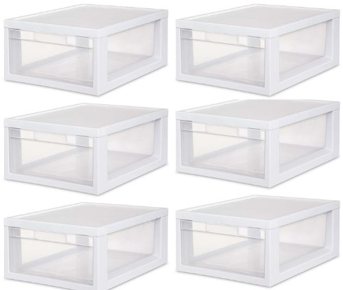 Sterilite 23608006 Medium Modular Drawer, White Frame with Clear Drawers, 6-Pack