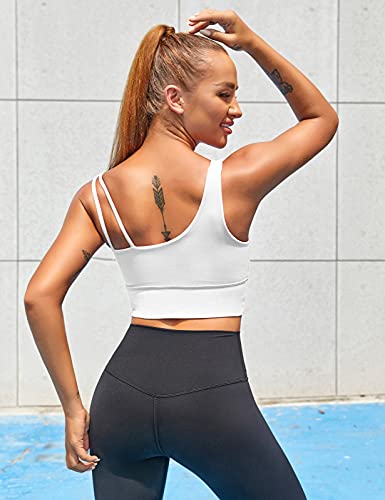 Image of MELYUM Longline Sports Bras for Women One Shoulder Workout Tank Tops with Built in Bra Supportive Crop Yoga Top Padded