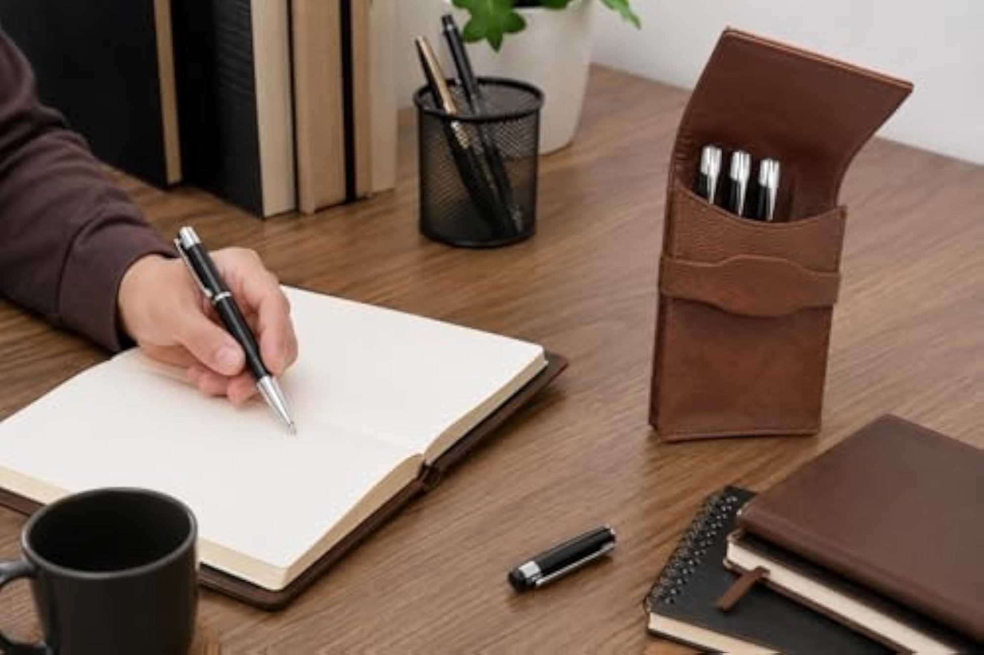Faux Leather 5 Slots Pen Case, Pencil Pouch Holder