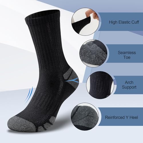 Cirorld Cotton Crew Socks Cushion Athletic Socks Breathable Moisture Control Running Socks Performance Sports for Men Women 6 Pairs 10-13 Black