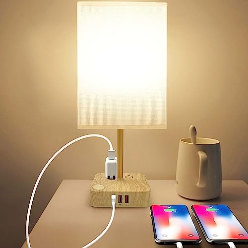 Cozoo Usb Bedside Table Desk Lamp With 3 Usb Charging Ports And 2 Outlets Power Strip,Wood Charger Base With White Fabric Shade, Led Light For Bedroom/Nightstand/Living Room #TOP13