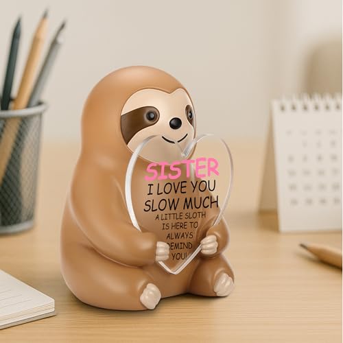 to My Sister ナマケモノ像 ハートアクリルプラーク付き かわいい樹脂の置物ギフト プリントメッセージ付き I Love You Slow Much 記念品 誕生日 卒業 クリスマス バレンタイン デスクデコレーション - FDA515 [2]