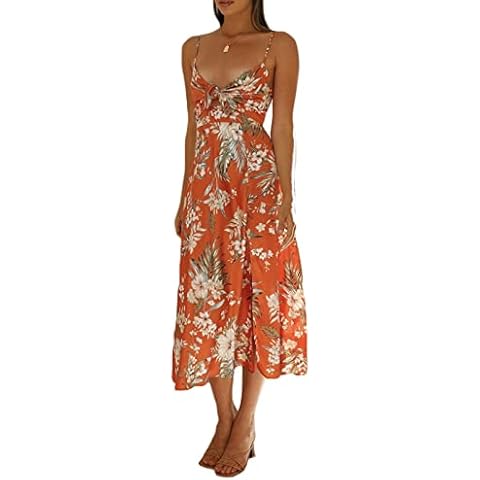 Purjarda Women's Spaghetti Strap Midi Dresses Sexy Deep V Neck Backless Floral Print Side Slit Maxi Dress (Orange Flowers, X-Large) Cover