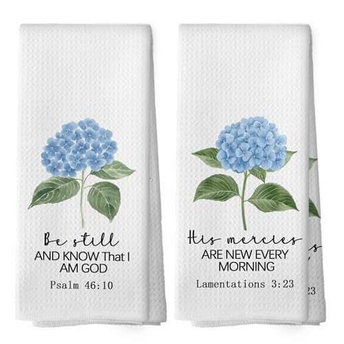Mcehtle Blue Hydrangea Christian Kitchen Towels Set of 2, Baptism Gifts for Women Hand Towel, Be Still and Know that i Am God Psalm 46:10 Bible Verse Decorative Tea Towel Dish Towels 16x24 Inch