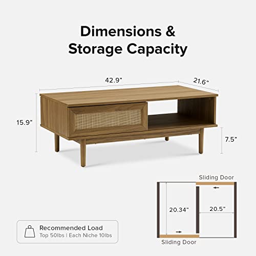 Mopio Haylee Modern Boho Rectangle Farmhouse Coffee Table With Adjustable Natural Rattan Wicker Sliding Door, Solid Wood Leg, & Dual Storage Shelf For Living Room, Includes Leveler (Natural Oak) #TOP1