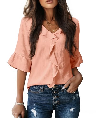 siliteelon Coral Tops for Women Dressy Casual 3/4 Sleeve Ruffle Bell Blouse Ladies Cute Spring Summer Outfits 2026 Peach L
