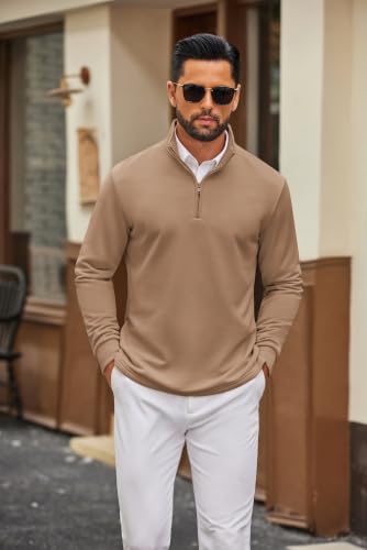 COOFANDY Mens 1/4 Zip Pullover Sweatshirt Long Sleeve Mock Neck Sweater Khaki — view 2