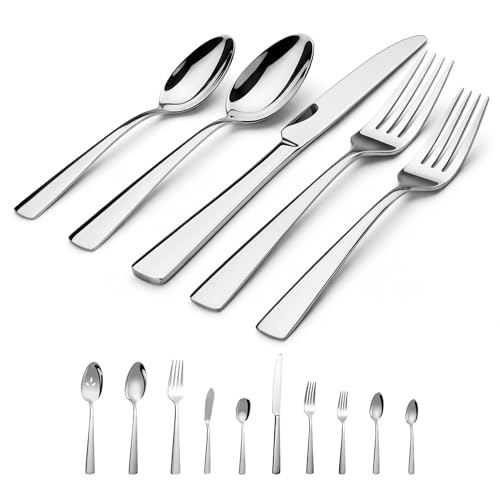 45-Piece Flatware Sets, Silverware Set for 8, Durable Stainless Steel Tableware in Ergonomic Design Size and Weight, Kitchen Utensils Set with Steak Knives, Rust-proof, Dishwasher Safe