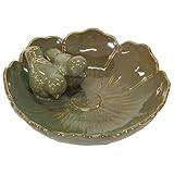 Fachhandel Plus Vogeltränke Keramik Fleur, blütenförmiges Vogelbad mit 2 Deko Vögeln, glasiert und wetterfest für Garten Balkon Terrasse Hochbeet (Olive 23 cm)