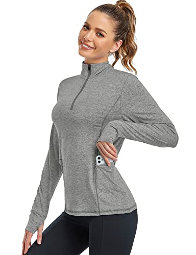 Misyula Style Hiking Shirts Women 1/4 Zip Pullover Oversized Lightweight Mock Neck Long Sleeve With Thumb Holes & Pockets Relaxed Fit Running Top Golf Polo, Grey Xl #TOP7