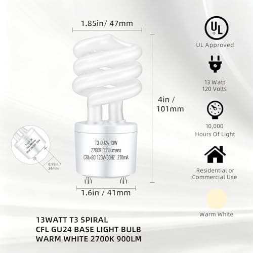 UGOODIS GU24 13Watt 2700K 900lm CFL Light Bulbs, T3 Spiral Gu24 Base 2 Prong (60W Equivalent) Soft White Compact Fluorescent Light Bulbs, UL Approved, 120v 60Hz, Self Ballasted, Indoor Use (2 Pack)